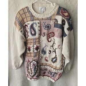 Vintage Jennifer‎ Reed Hand Knit Cottage Core Sweater White W/paisley Design XL